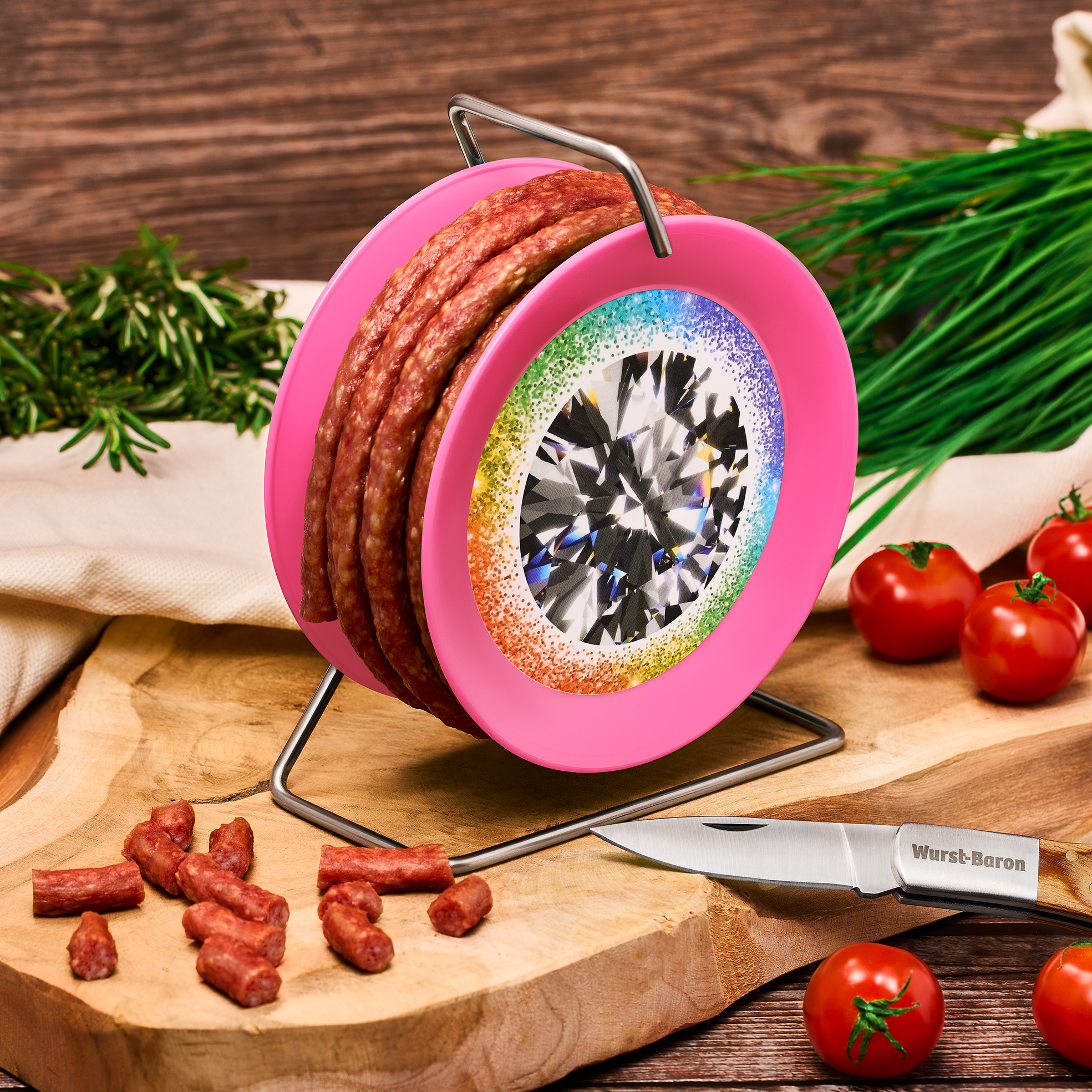Snack Wurst auf pinker Mini-Kabeltrommel - Modell Diamant - 3,5 Meter 240 g
