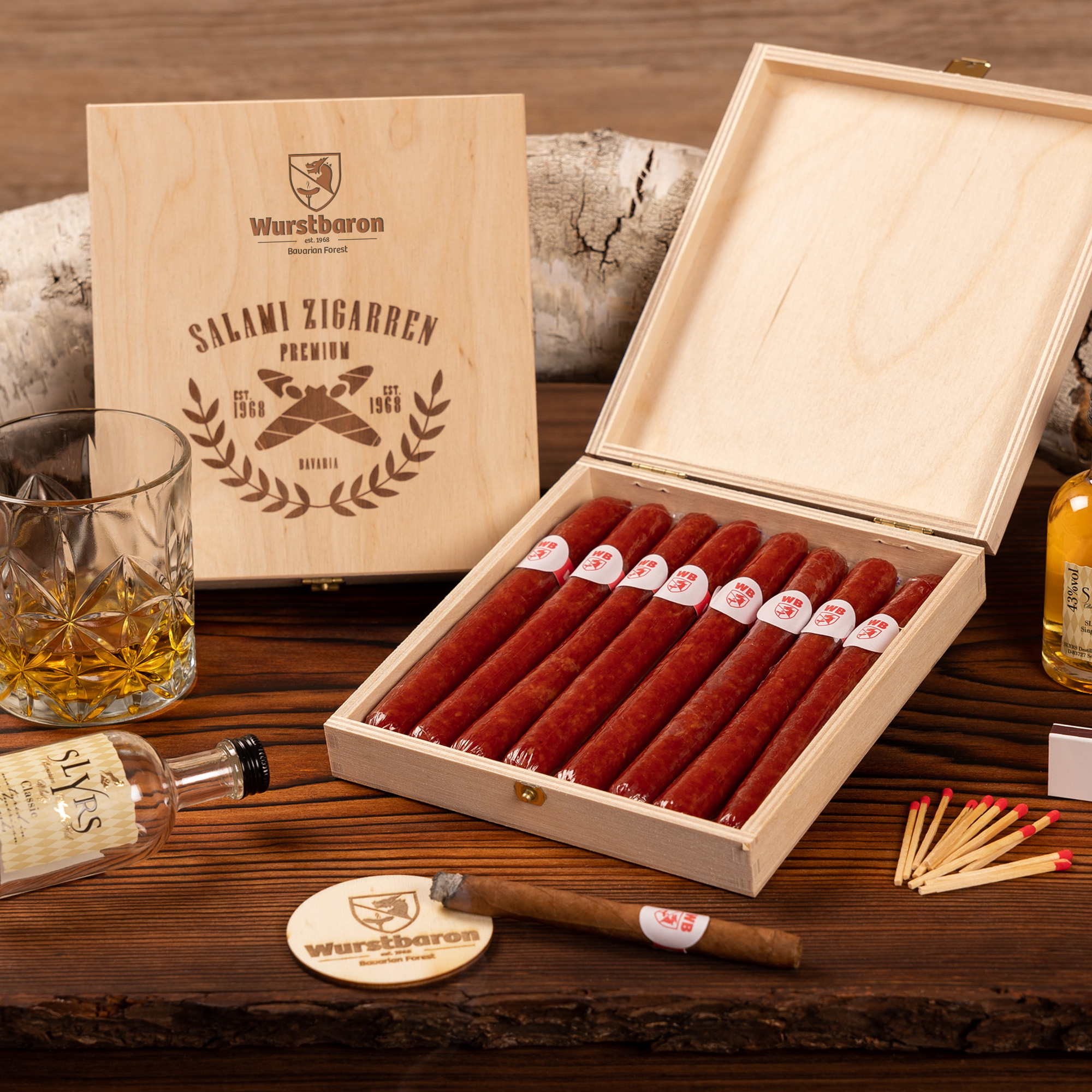 Wurst-Zigarre aus Salami in hochwertiger Holz-Geschenk-Box